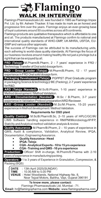 Flamingo Pharma Walk In Interview On 13th April