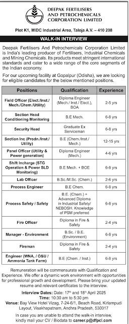 DFPCL Walk In Interview On 17th & 18th April