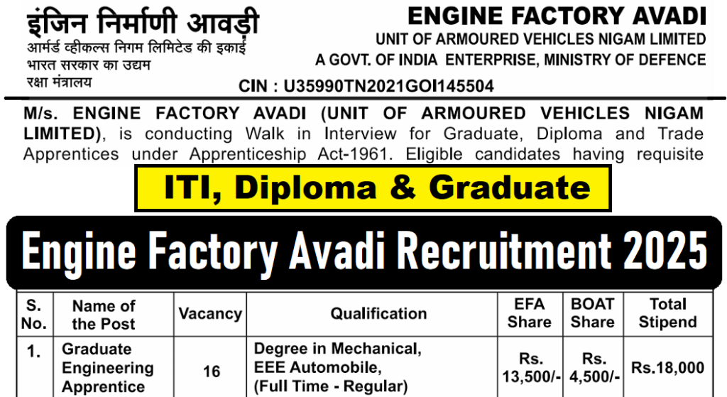 Engine Factory Avadi Apprentice Recruitment 2025, ITI/Diploma & Graduate Pass Latest Vacancy 2025 ‣ Anil Sir ITI