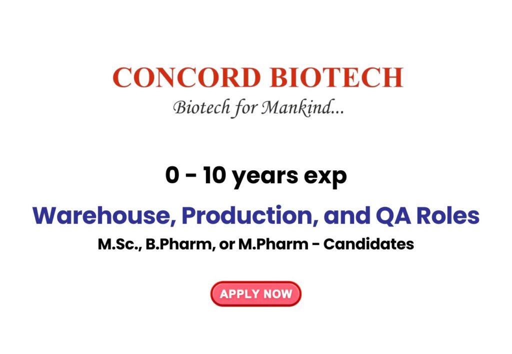 Concord Biotech Ltd Hiring for Warehouse, Production, and QA roles | 0